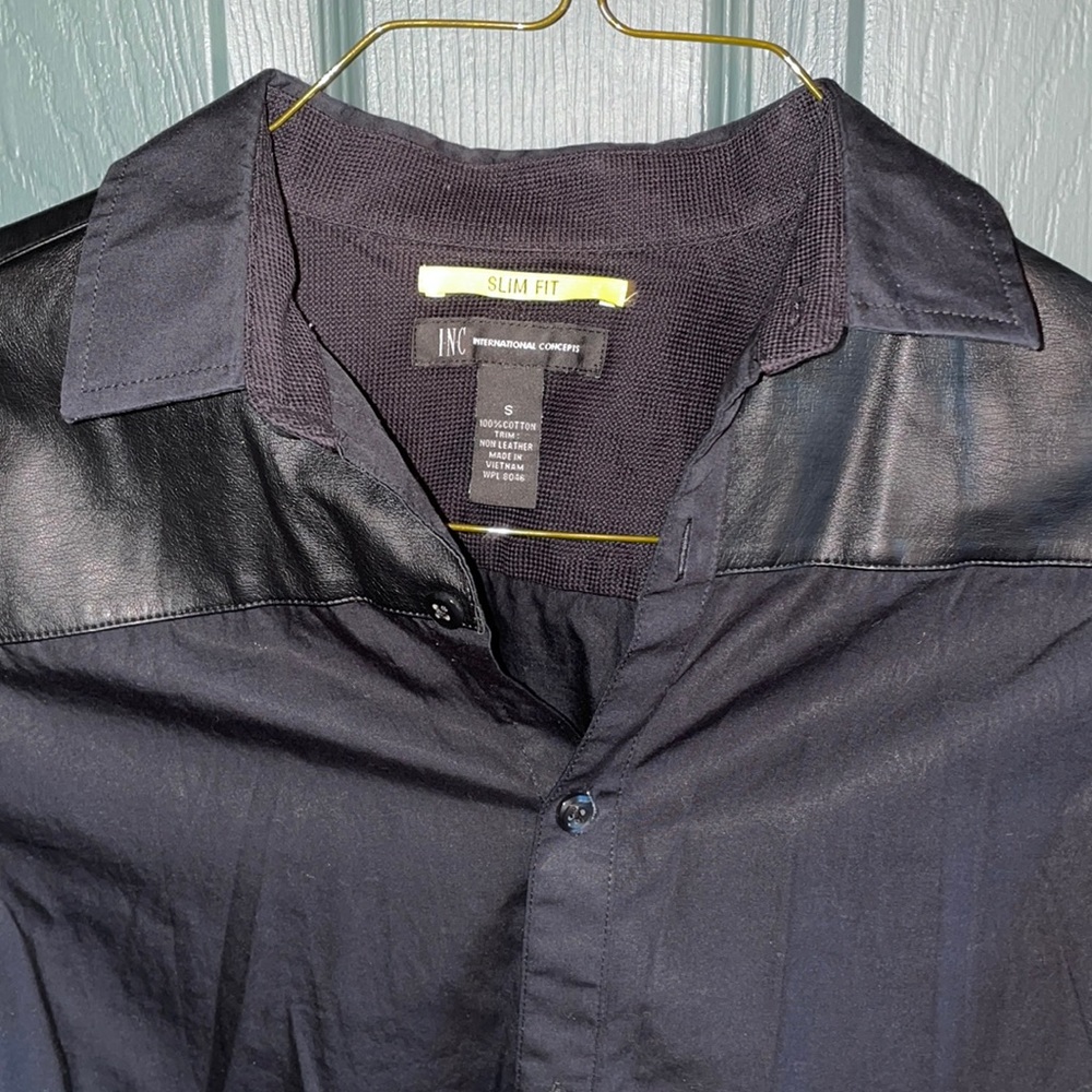 INC (slim fit S) black button-up dress shirt with leather shoulders